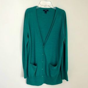 J. Crew long v-neck patch pocket wool cardigan green size L